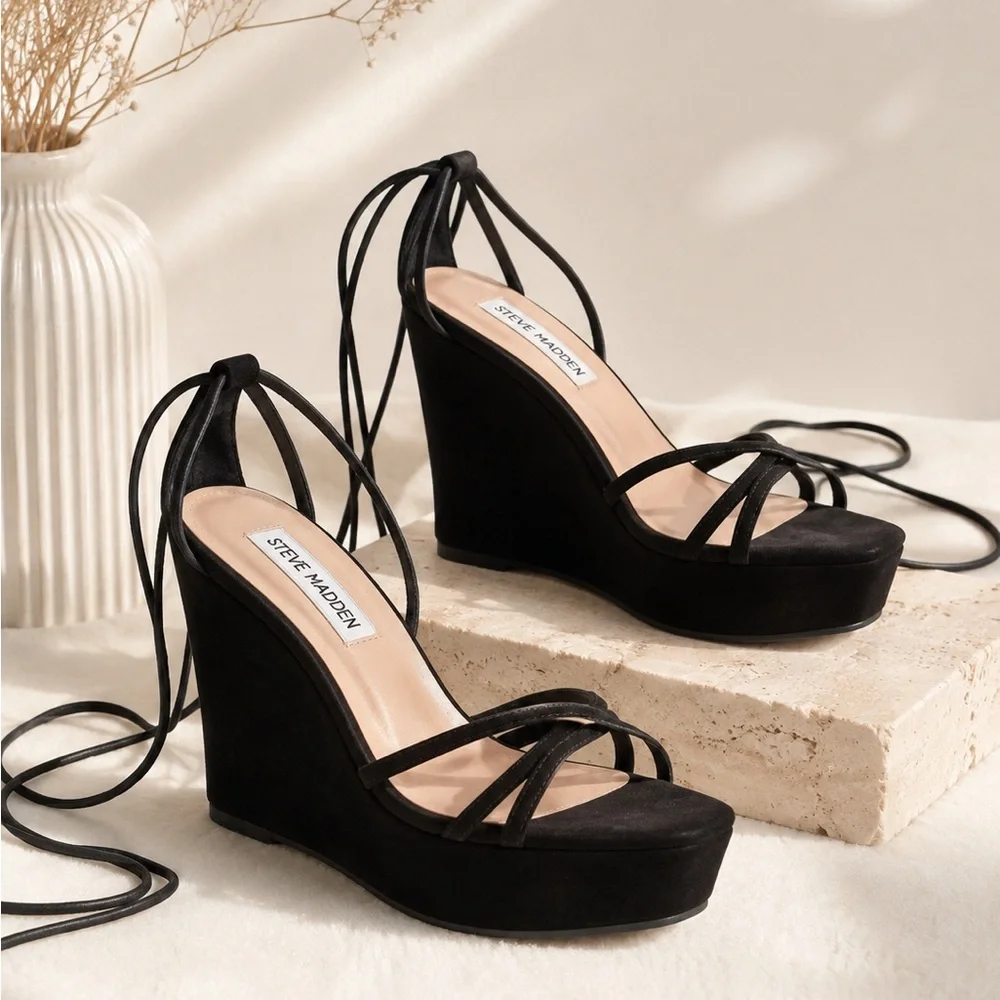 Steve Madden Black Suede Lace-Up Wedge Sandals